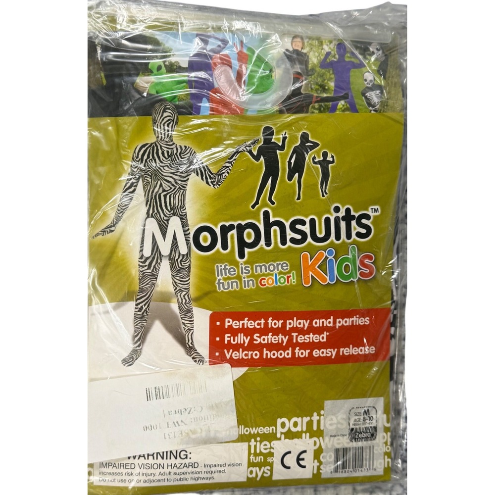 Morphsuits Kids Costume Zebra Print Bodysuit Medium 8-10 Black White Halloween